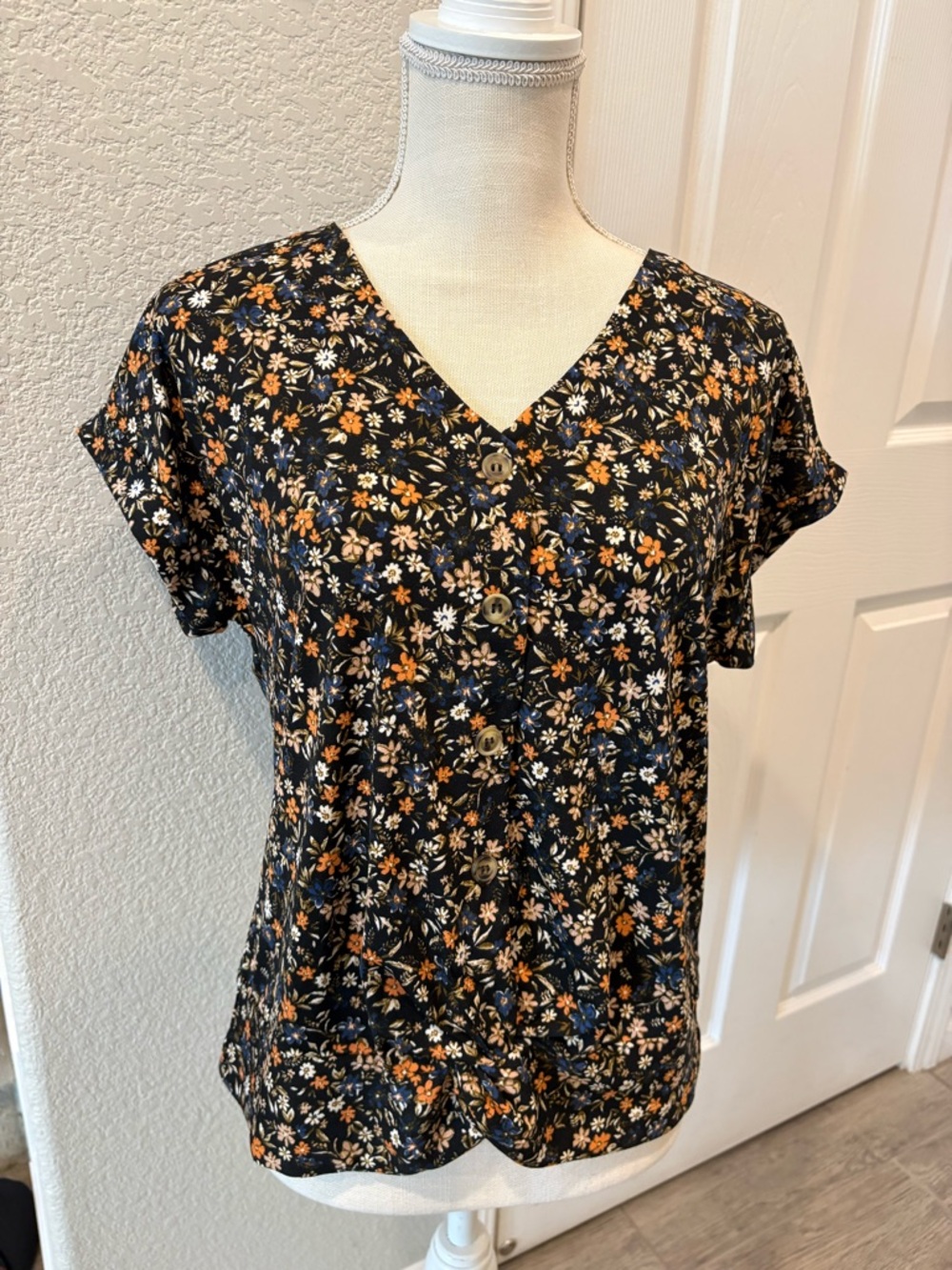 V-Neck Button Floral Blouse - Black with Orange & Blue Flowers